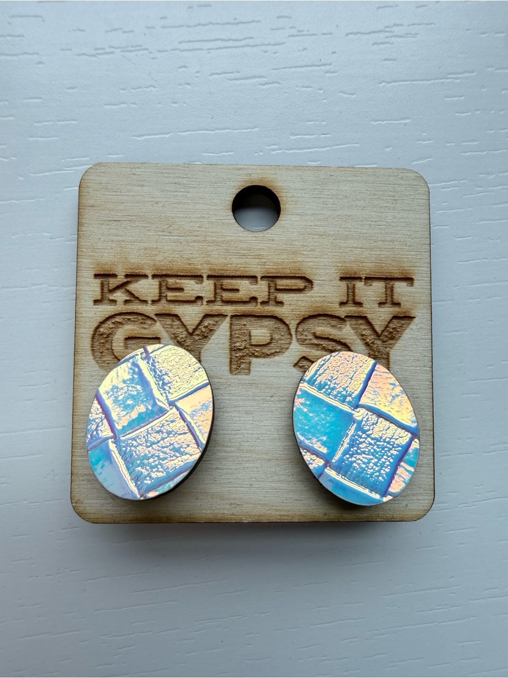 Keep It Gypsy Iridescent Blue Oval Leather Stud Earrings